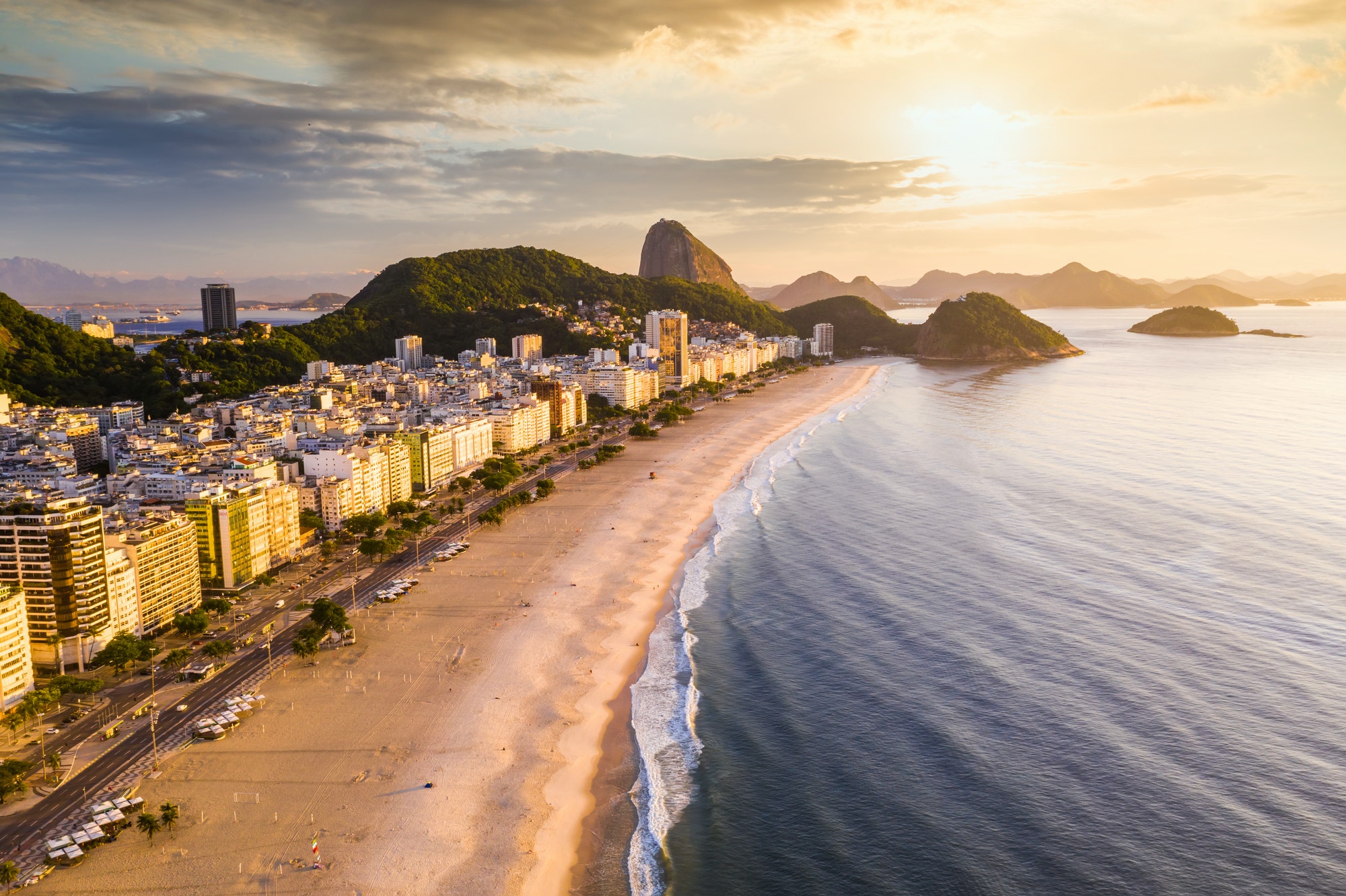 Panorama of Rio de Janeiro at twilight, Brazil. Copacabana beach at sunset